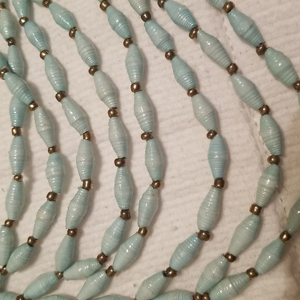 Pale turquoise and bronze paper mache necklace